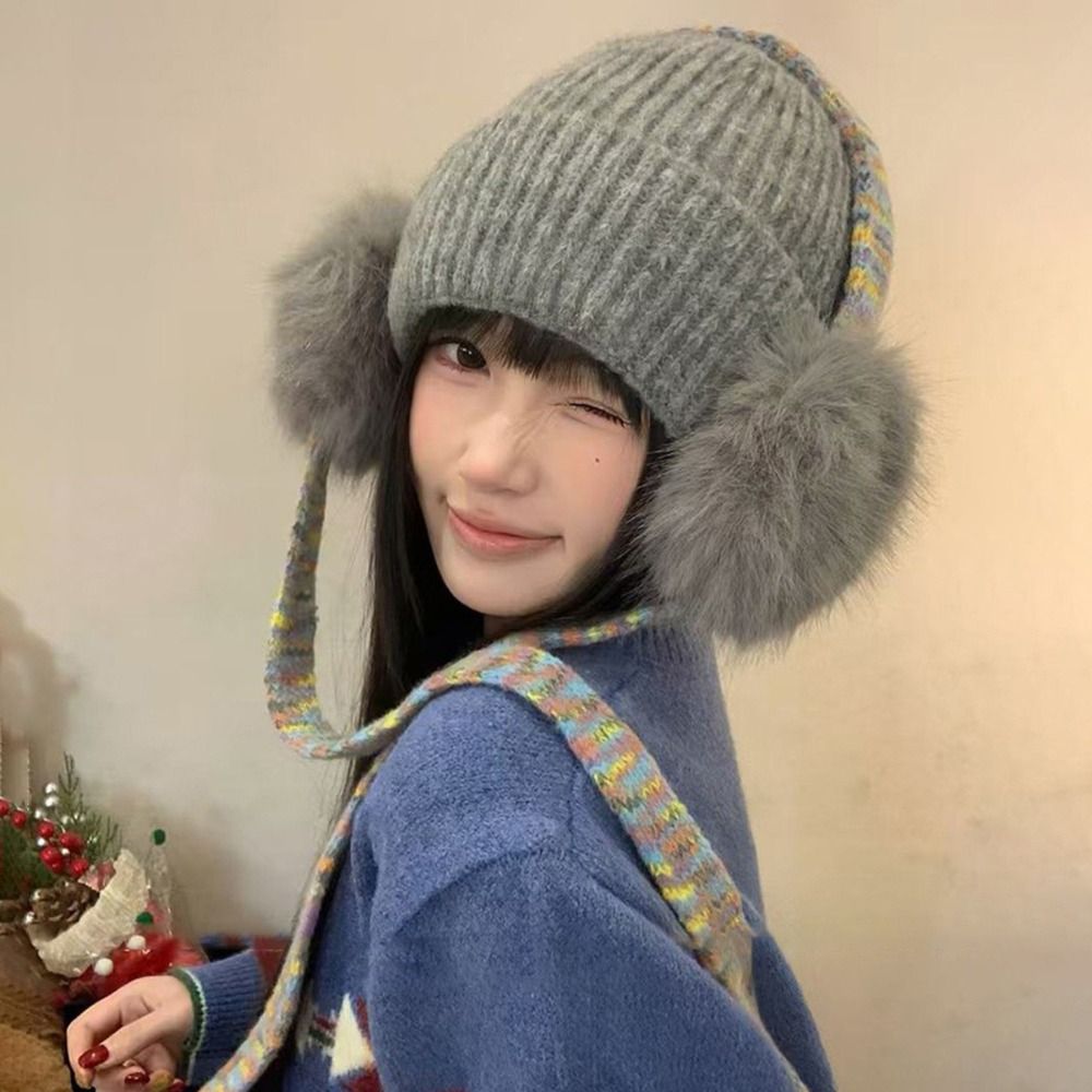 Beanie Cuffed Knit - Retro Knit Ear Flap Beanie Cuffed